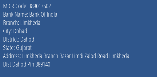 Bank Of India Limkheda MICR Code