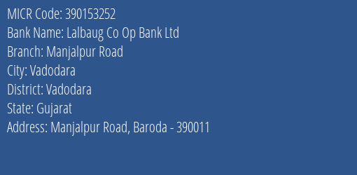 Lalbaug Co Op Bank Ltd Manjalpur Road MICR Code