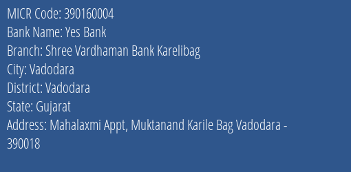 Shree Vardhaman Bank Karelibag MICR Code