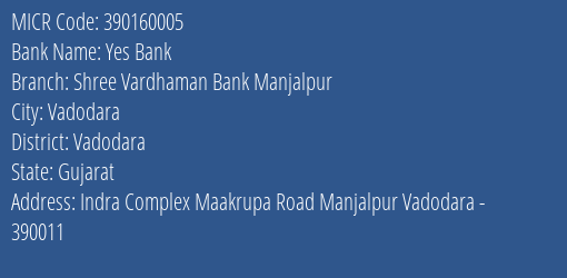 Shree Vardhaman Bank Manjalpur MICR Code