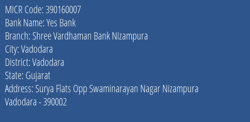 Shree Vardhaman Bank Nizampura MICR Code