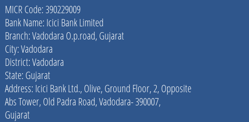 Icici Bank Limited Vadodara O.p.road Gujarat MICR Code