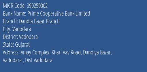 Prime Cooperative Bank Limited Dandia Bazar Branch MICR Code