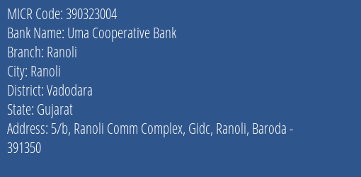 Uma Cooperative Bank Ranoli MICR Code