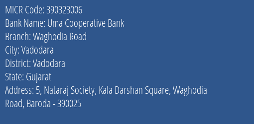 Uma Cooperative Bank Waghodia Road MICR Code