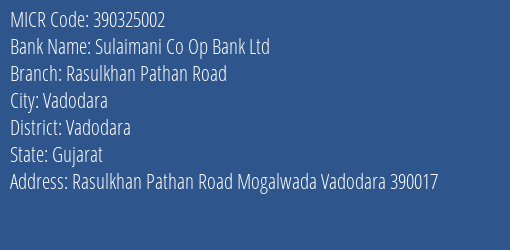 Sulaimani Co Op Bank Ltd Rasulkhan Pathan Road MICR Code