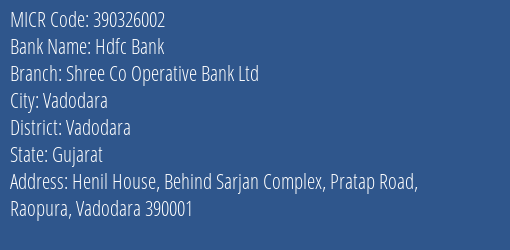 Shree Co Operative Bank Ltd Raopura MICR Code