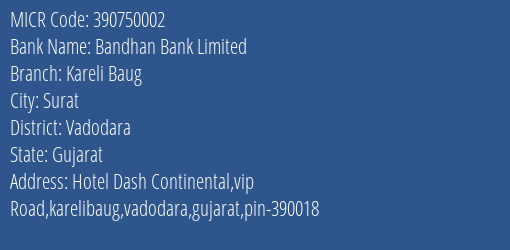 Bandhan Bank Limited Kareli Baug MICR Code