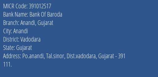 Bank Of Baroda Anandi Gujarat MICR Code