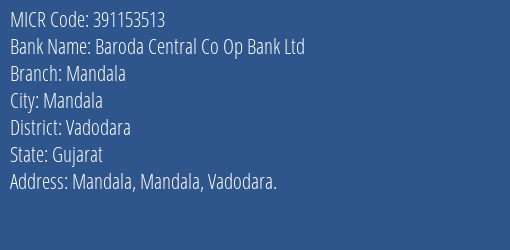 Baroda Central Co Op Bank Ltd Mandala MICR Code