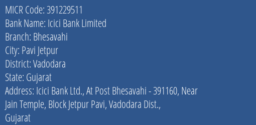 Icici Bank Limited Bhesavahi MICR Code