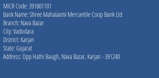 Shree Mahalaxmi Mercantile Coop Bank Ltd Nava Bazar MICR Code