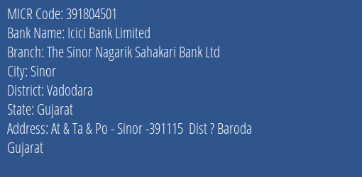 The Sinor Nagarik Sahakari Bank Ltd Sinor MICR Code