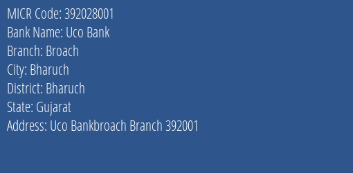 Uco Bank Broach MICR Code