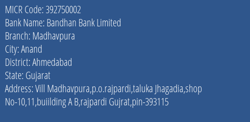 Bandhan Bank Limited Madhavpura MICR Code