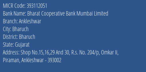 Bharat Cooperative Bank Mumbai Limited Ankleshwar MICR Code