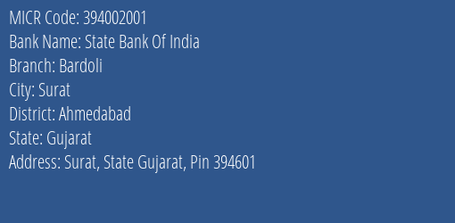 State Bank Of India Bardoli MICR Code