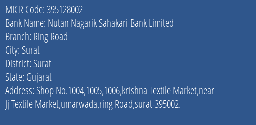 Nutan Nagarik Sahakari Bank Ring Road Branch Address Details and MICR Code 395128002