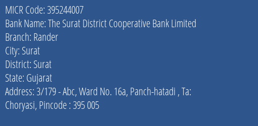 The Surat District Cooperative Bank Limited Rander MICR Code