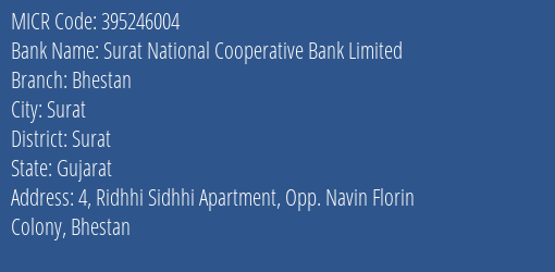 Surat National Cooperative Bank Limited Bhestan MICR Code