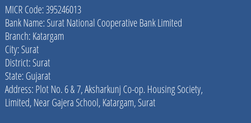 Surat National Cooperative Bank Limited Katargam MICR Code