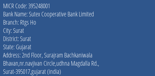 Sutex Cooperative Bank Limited Rtgs Ho MICR Code