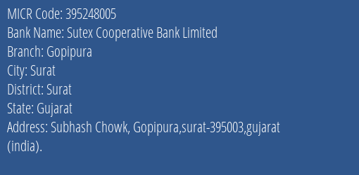 Sutex Cooperative Bank Limited Gopipura MICR Code