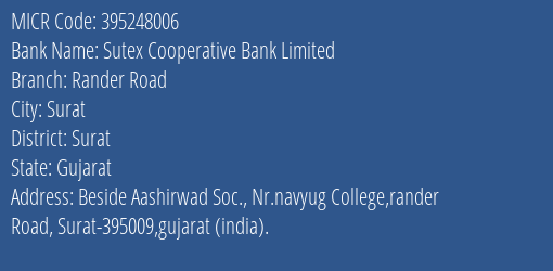 Sutex Cooperative Bank Limited Rander Road MICR Code