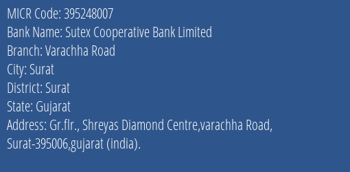 Sutex Cooperative Bank Limited Varachha Road MICR Code