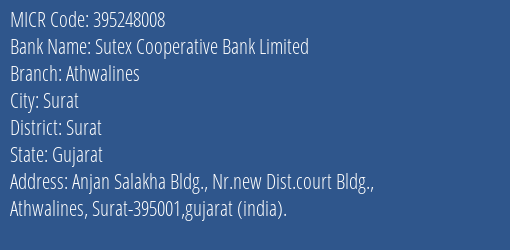 Sutex Cooperative Bank Limited Athwalines MICR Code