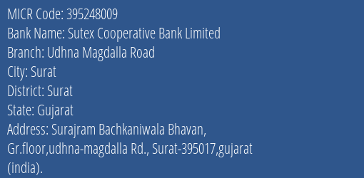 Sutex Cooperative Bank Limited Udhna Magdalla Road MICR Code