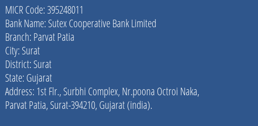 Sutex Cooperative Bank Limited Parvat Patia MICR Code