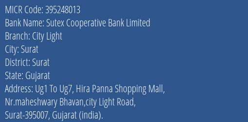 Sutex Cooperative Bank Limited City Light MICR Code