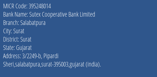 Sutex Cooperative Bank Limited Salabatpura MICR Code