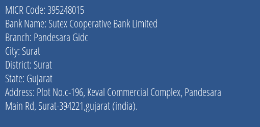 Sutex Cooperative Bank Limited Pandesara Gidc MICR Code