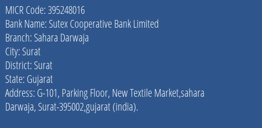 Sutex Cooperative Bank Limited Sahara Darwaja MICR Code