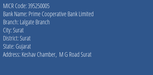 Prime Cooperative Bank Limited Lalgate Branch MICR Code
