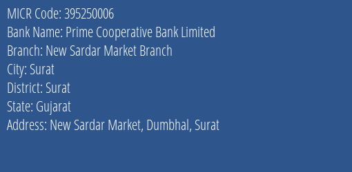 Prime Cooperative Bank Limited New Sardar Market Branch MICR Code