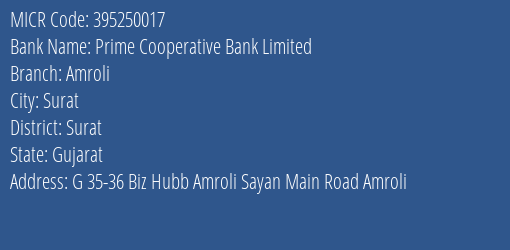 Prime Cooperative Bank Limited Amroli MICR Code