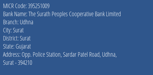 The Surath Peoples Cooperative Bank Limited Udhna MICR Code
