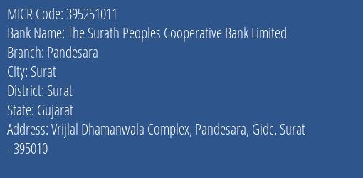 The Surath Peoples Cooperative Bank Limited Pandesara MICR Code