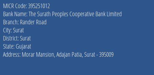 The Surath Peoples Cooperative Bank Limited Rander Road MICR Code