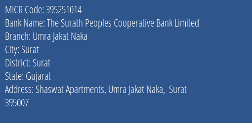 The Surath Peoples Cooperative Bank Limited Umra Jakat Naka MICR Code