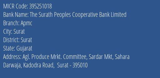 The Surath Peoples Cooperative Bank Limited Apmc MICR Code