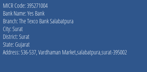 The Texco Bank Salabatpura MICR Code