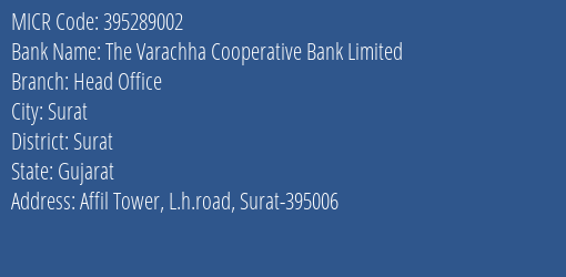 The Varachha Cooperative Bank Limited Rtgs Ho MICR Code