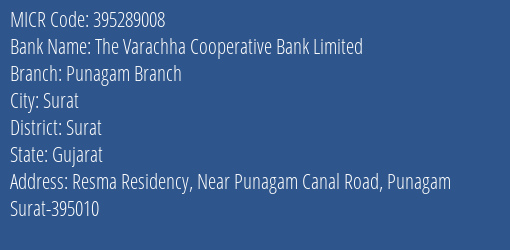 The Varachha Cooperative Bank Limited Punagam Branch MICR Code