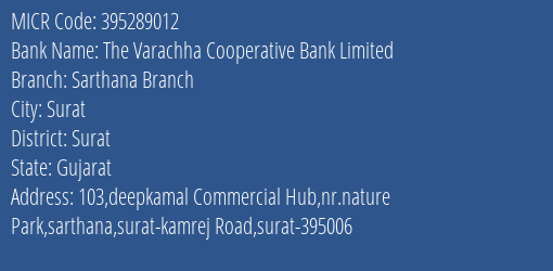 The Varachha Cooperative Bank Limited Sarthana Branch MICR Code