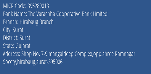 The Varachha Cooperative Bank Limited Hirabaug Branch MICR Code