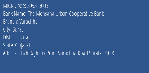 The Mehsana Urban Cooperative Bank Varachha Branch Address Details and MICR Code 395313003